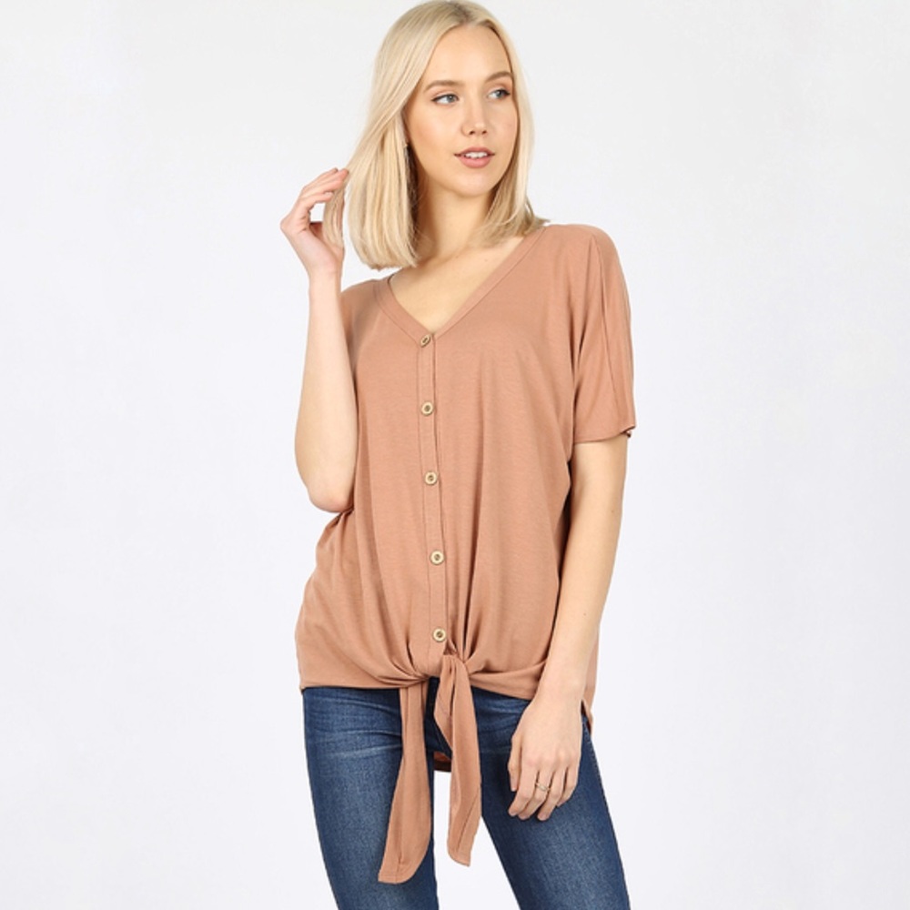 Tan Button-Up Knot Front Tee - Picture 1 of 7